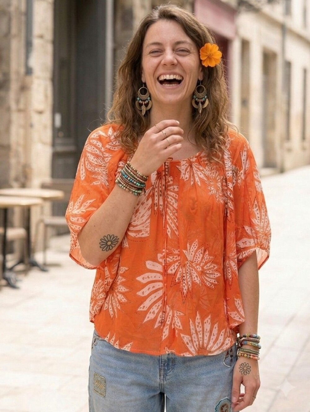 DVF💓SILK100% Pretty Flowy Orange Blouse over Tank White Leaf Design Sz M